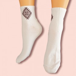 White Latvian socks with national symbols size 43-46. Austras koks