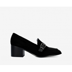 Black faux suede heeled loafer