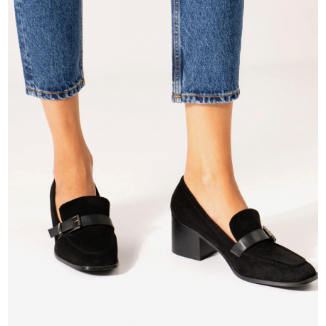Black faux suede heeled loafer