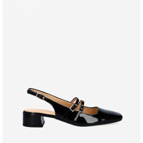 Black patent leather ballerina flats with heels. Ofelianegro